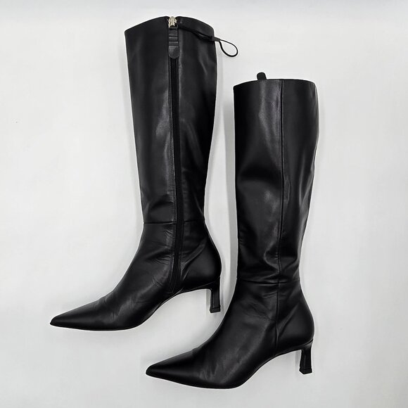 Zara Black Knee High Kitten Heel Boots - Picture 8 of 16